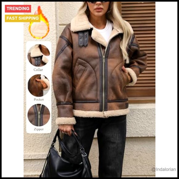 Faux Leather Aviator Bomber Jacket Sherpa Lined Oversized Chic Winter Coat - Picture 2 of 7